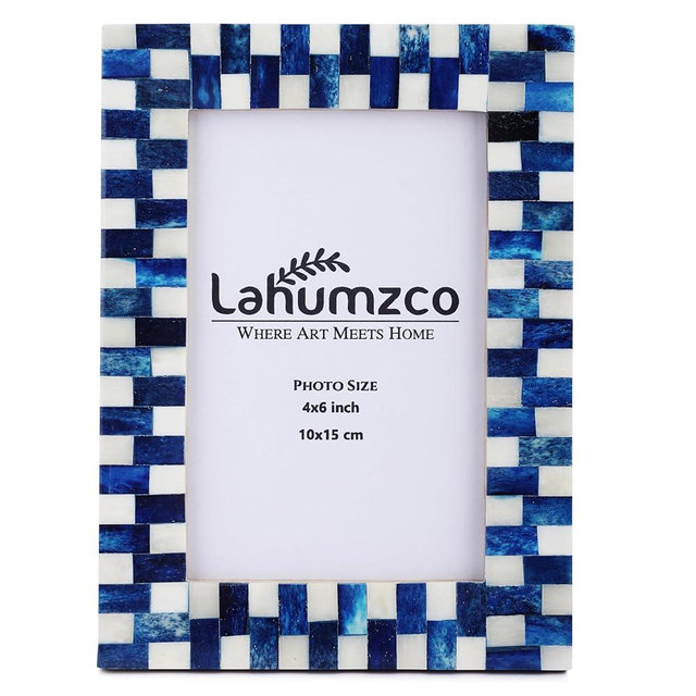 Lahumzco Bone Picture Photo Frame Gingham Pattern Art Inspired Vintage Table-Top/Wall Décor Handmade Frames (4x6 Inches, Blue White)