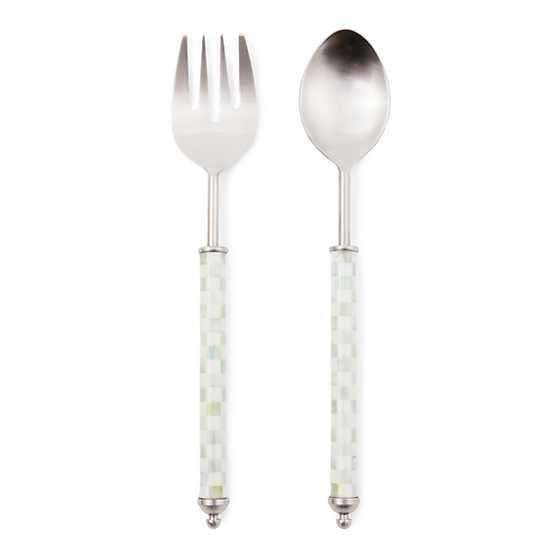 MACKENZIE-CHILDS Supper Club Salad Serving Set, Fork and Spoon Salad Servers, Decorative Kitchen Serving Utensils, Gray-and-White Sterling Check