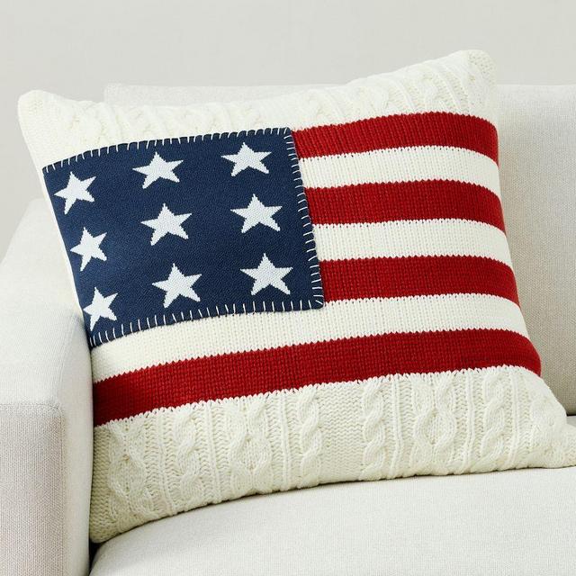 American Flag Cable Knit Pillow, 24", Ivory Multi