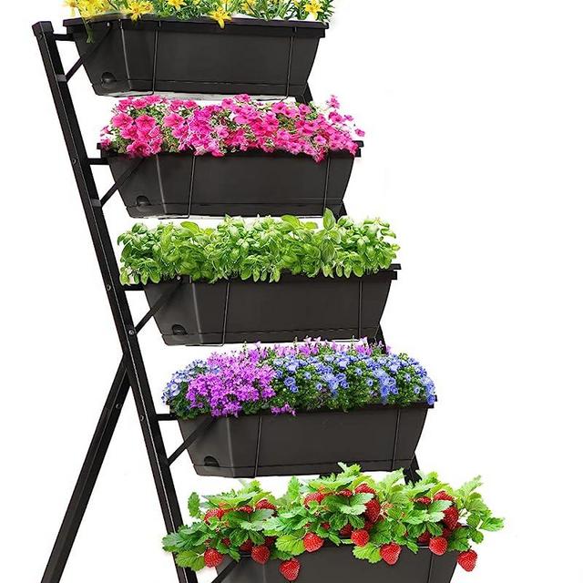 KING BIRD 4ft Vertical Raised Garden Bed 5 Tiers Planter Box Freestanding Garden Planter Outdoor and Indoor with Removable Tray for Growing Vegetables Herbs Flowers on Patio Balcony Black