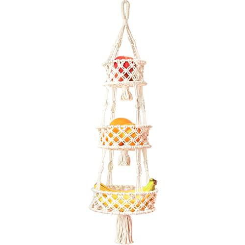 SnugLife Macrame 3 Tier Hanging Basket - Space Saving Hanging Fruit Basket for Kitchen or Decorative Boho Decor Hanging Plant Holder - Use for Produce Baskets, Indoor Planter Hangers, 42 Inches Beige