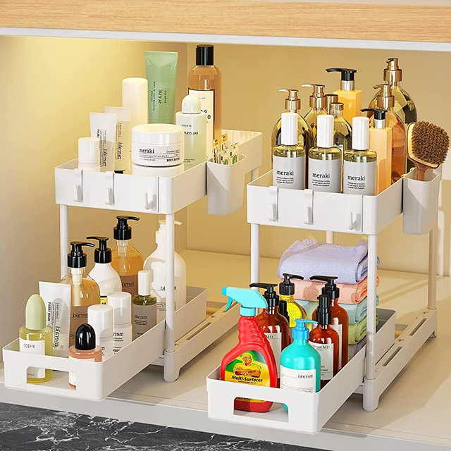 Under Sink Organizers and Storage, 2 Pack Multi-purpose Under Sink Organizer with Sliding Storage Drawer with 8 Hooks and 2 Hanging Cups, 2 Tier Under Sink Storage for Cabinet Bathroom Kitchen, White