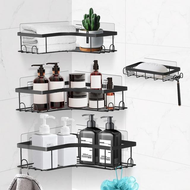 EACHPAI Corner Shower Caddy with Hooks and Soap Dish, Adhesive No Drilling Shower Organizer for Bathroom Storage, Rustproof Bathroom Shelves , Kitchen Storage Rack 4 Pack