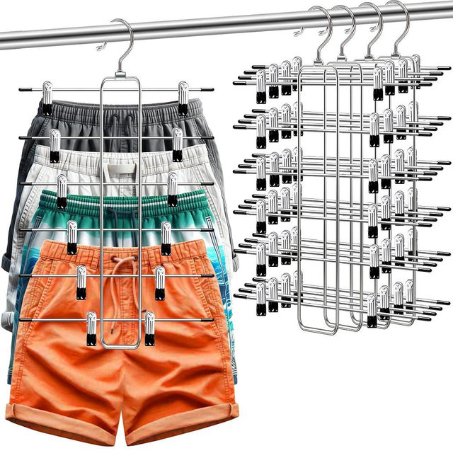 4 Pack Pants-Hangers-Space-Saving,College-Dorm-Room-Essentials,6 Tier Skirt-Hangers with Clips for Closet Organizer,Closet-Organizers-and-Storage,Closet Storage Jean Yoga Legging Hanger