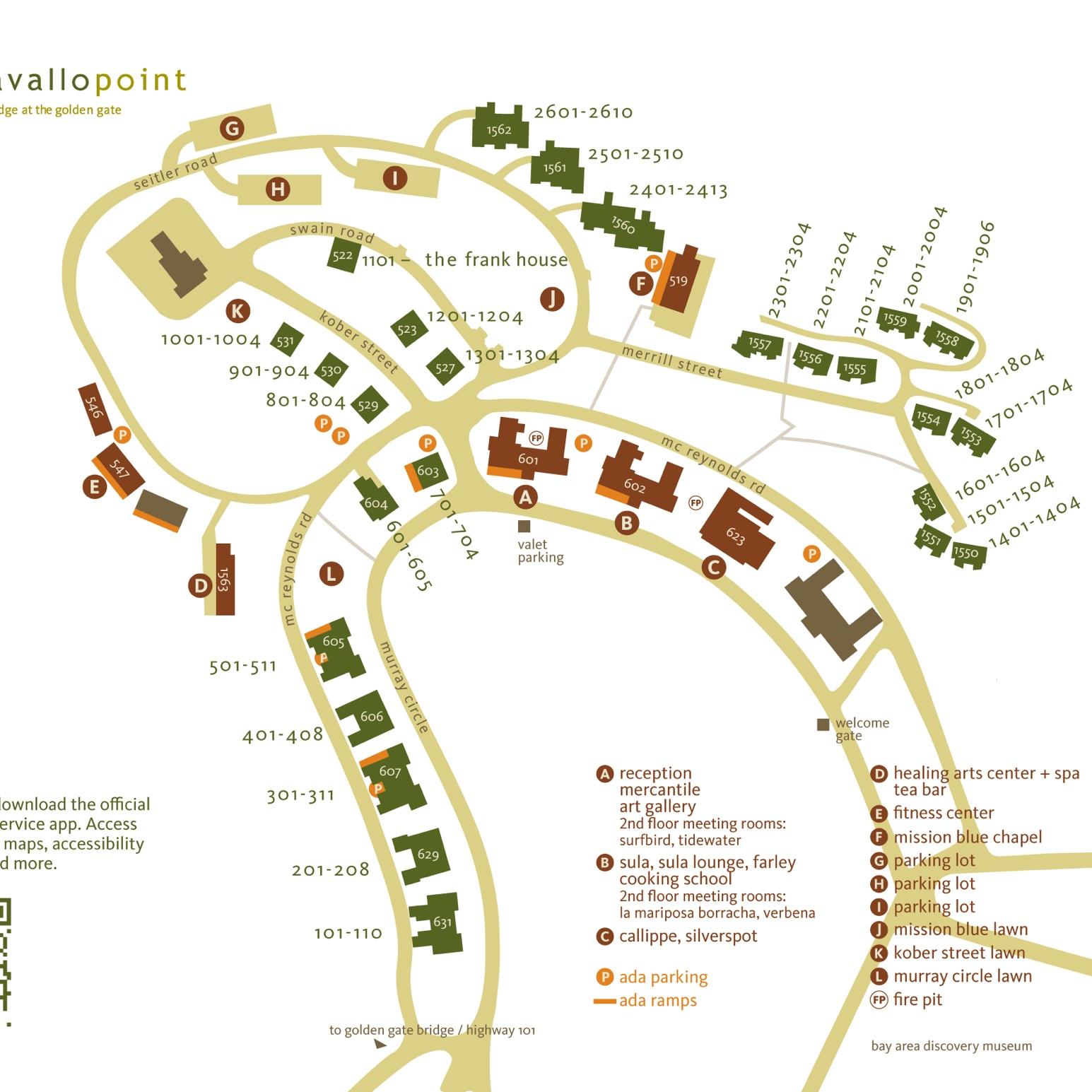 A map off Cavallo Point. Please go to (A 601) for Valet parking and our wedding ceremony is at the Mission Blue Chapel (F 519). Cocktail hour + Reception is (C 623)!