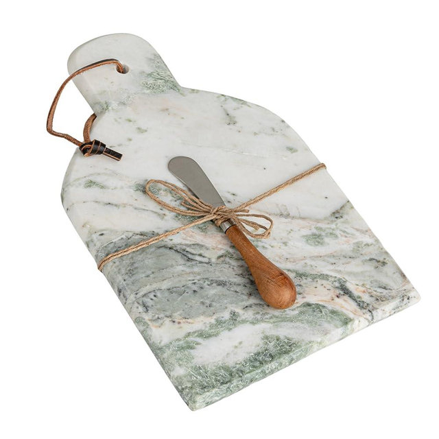 Creative Co-Op Marble and Wood Cutting Board with Knife, Natural and Green