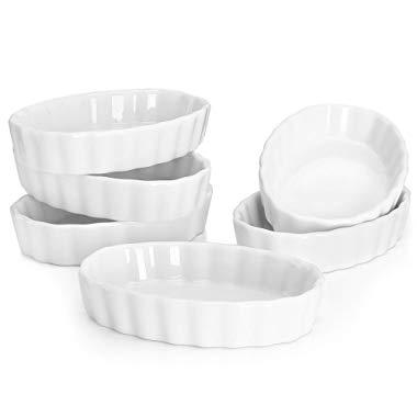 Sweese 504.001 Porcelain Ramekins Oval Shape - 4 Ounce for Creme Brulee - Set of 6, 4.7 x 3.2 x 1 Inch, White