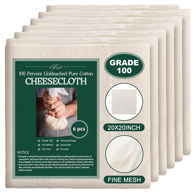 Paoeyrb 6Pcs 20x20Inch Cheese Cloth, 100Percent Organic Unbleached Pure Cotton Muslin Cloth, Reusable Cheesecloth, Premium Cheesecloth for Straining, Cooking, Bread, Butter