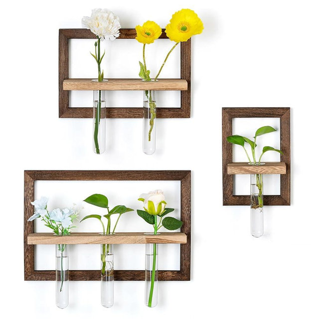 Walasis Wall Planter Propagation Stations - Hanging Glass Terrarium Tube Vase with Wood Shelf for Indoor Plants Cutting - Rustic Wall Decor for Farmhouse