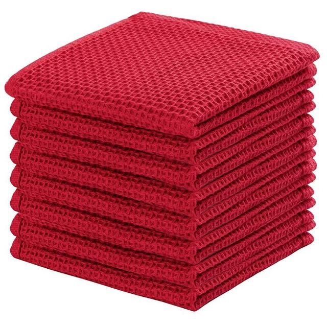 100% Cotton Kitchen Dish Cloths, 8-Pack Waffle Weave Ultra Soft Absorbent Dish Towels Washcloths Quick Drying Dish Rags, 12x12 Inches, Red