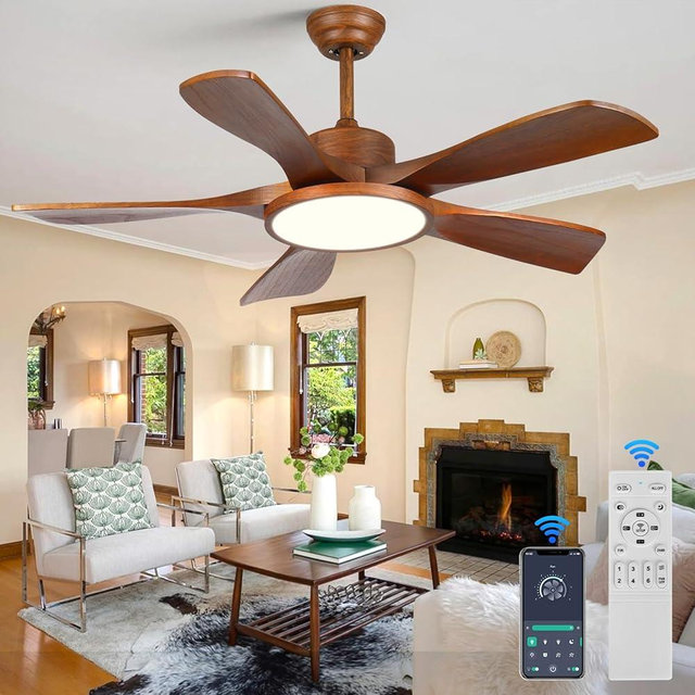 LINJO 52 Inch Wood Ceiling Fan with Lights and Remote Control 5 Solid Wooden Blades Modern Farmhouse Outdoor Ceiling Fan for Patios Living Room FCC Reversible DC Motor