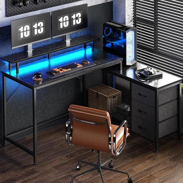 Huuger Reversible L Shaped Computer Desk with Drawers, Gaming Desk with LED Lights and Power Outlets, Office Desk with Storage Shelves, for Home & Office, Black