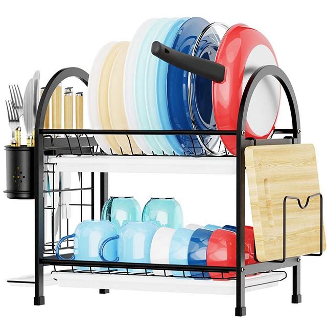 Dish Drying Rack, iSPECLE Stainless Steel 2 Tier Dish Rack with Utensil Holder, Cutting Board Holder and Dish Drainer for Kitchen Countertop
