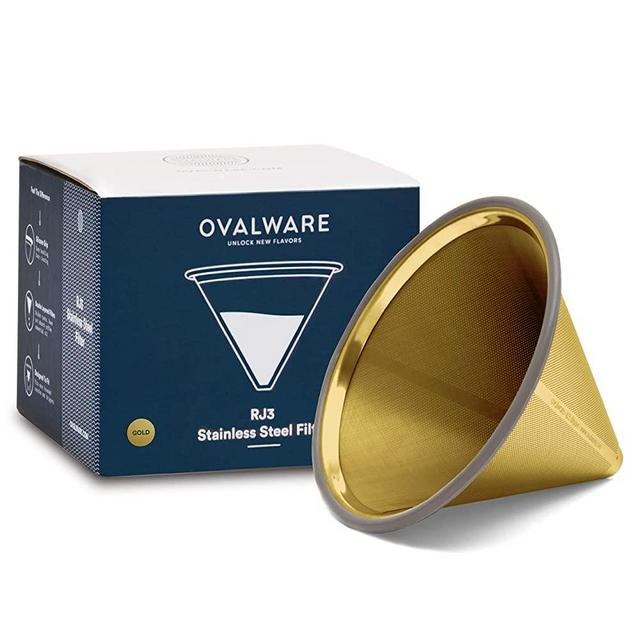 Paperless Stainless Steel Pour Over Coffee Filter – Reusable and Permanent Coffee Cone Dripper for Ovalware, Chemex, Hario and Other Carafes (Titanium Gold)