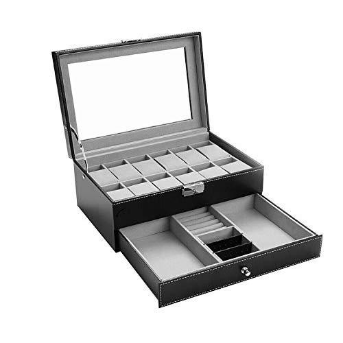 AUTOARK Leather 12 Watch Box with Jewelry Display Drawer Lockable Watch Case Organizer,Black,AW-001