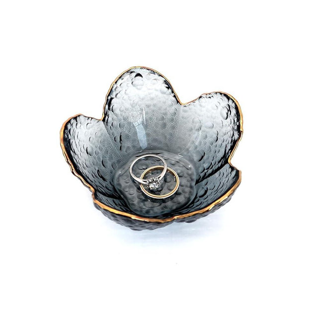 CEIERPH Black Flower Ring Dish Jewelry Tray, Small Glass Trinket Tray for Rings Earrings, Present for Wife Mom Daughter Women