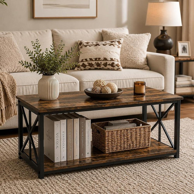 Rectangle Coffee Table for Living Room, Wood Rustic Coffee Table with 2 Tier and Metal Frame, Industrial Modern Center Table, Rustic Brown