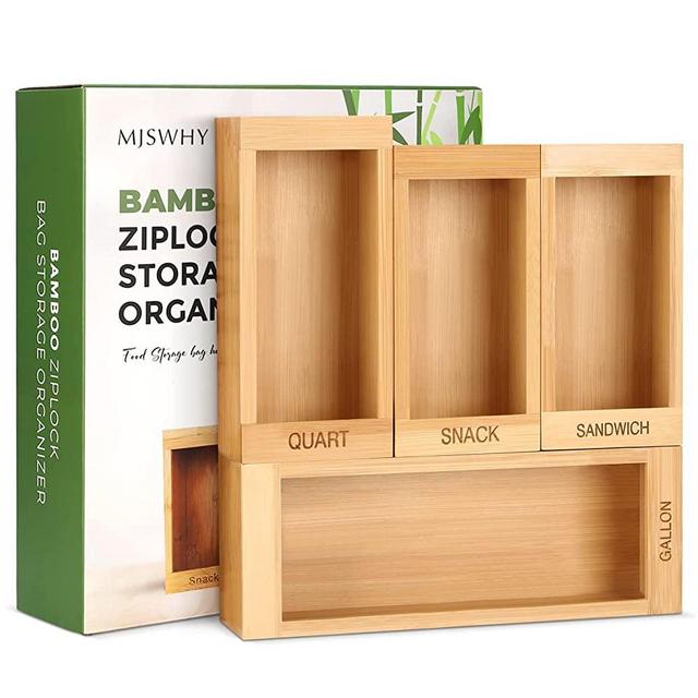 Ziplock Bag Organizer, Natural Bamboo Ziplock Bag Storage Organizer for Kitchen Drawer, Plastic Bag Holder, Food Storage Bags Holder for Kitchen, Compatible with Ziploc, Solimo, Hefty, Glad. Container for Gallon, Quart, Sandwich, Snack, and Slider Bag with Extra 10pcs Mylar Bags for Food Storage