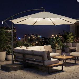 10 ft Cantilever Patio Umbrella with Solar LED Light, Sandbag Weight, Offset Hanging Outdoor Market Umbrella with Protective Cover, Crank and Tilt, Tan - Tan