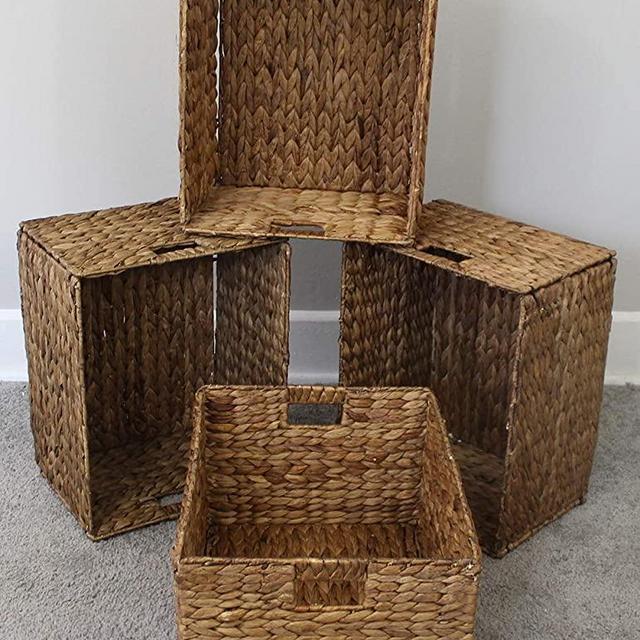 eHemco Rectangular Hand-Woven Foldable Water Hyacinth Storage Baskets with Iron Wire Frame- Set of 4(Larger 16"x13"x10")