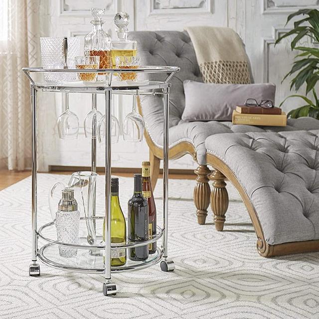 Inspire Q Metropolitan Round Chrome Metal Mobile Bar Cart with Glass Top by Bold