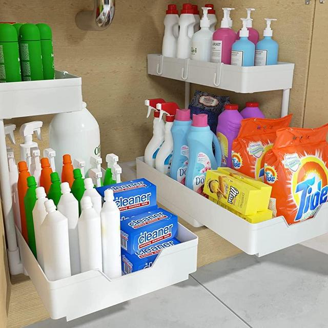 NATURE'S SOURCE 2-Tier Under Sink Organizer, 2 Pack Sliding L-shape Under Bathroom Cabinet Storage Drawer Organizer Multi-purpose Under Sink Shelf Organizer Storage for Bathroom Kitchen(White 2 Pack)
