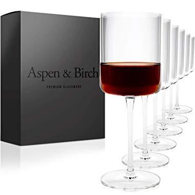 Aspen & Birch - Modern Wine Glasses Set of 6 - Red Wine Glasses or White Wine Glasses, 100% Lead Free Crystal Stemware, Long Stem Wine Glasses Set, Clear, 15 oz, Hand Blown Glass Crafted by Artisans