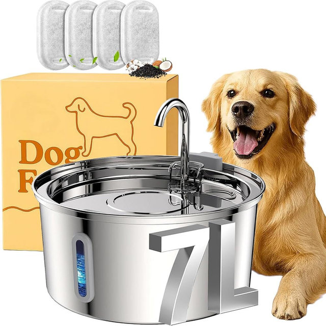 The Doggy Fountain, 4L/7L Dog Water Fountain, Stainless Steel Dog Water Fountain, Whisper Quiet & Easy to Clean & Multi-Filtration (Type B + 2 Filters, 7L/254oz)