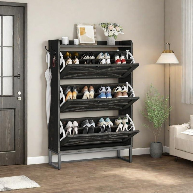 DWVO Shoe Cabinet with 3 Flip Drawers, Farmhouse Shoe Storage Organizer with Metal Legs for 24 Pairs of Shoes, Narrow Slim Shoe Rack Cabinet for Entryway, Living Room, Hallway (Dark Rustic Oak)