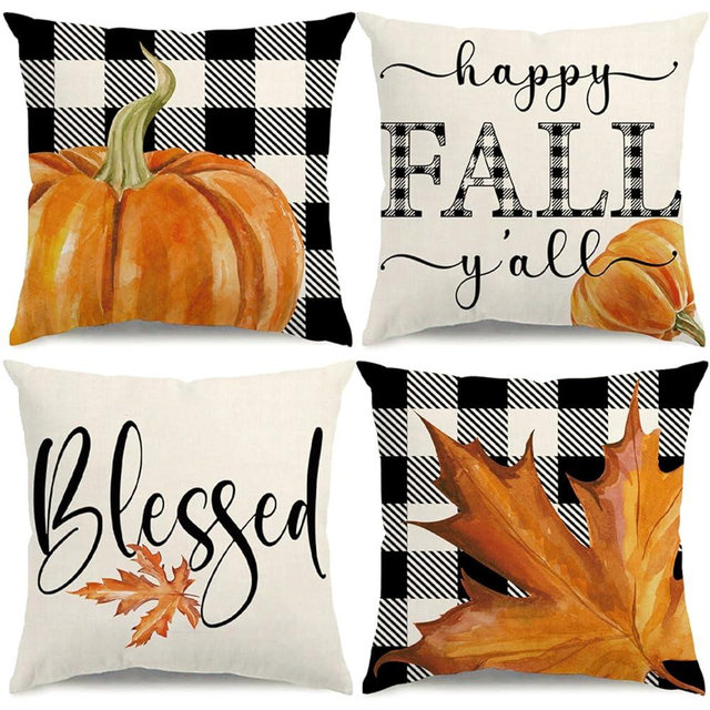 KISVODS Fall Pillow Covers 18x18 Thanksgiving Farmhouse Decorations Buffalo Plaid Pumpkin Maple Leaf Outdoor Fall Decor Throw Pillow Covers Blessed Autumn Harvest Cushion Case for Sofa Couch Set of 4