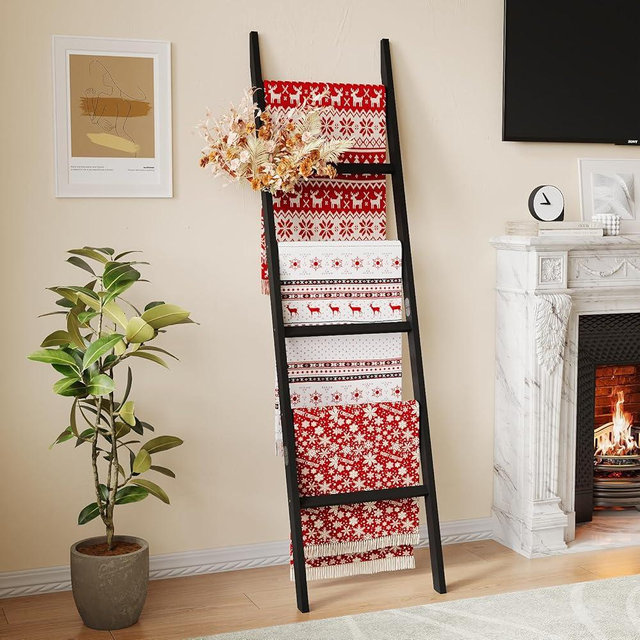 EleganfurHony Bamboo Towel Rack 6-Tier Blanket Ladder for Living Room, Bedroom, Bathroom Space-Saving Decorative Ladder for Quilts, Towels and More Black