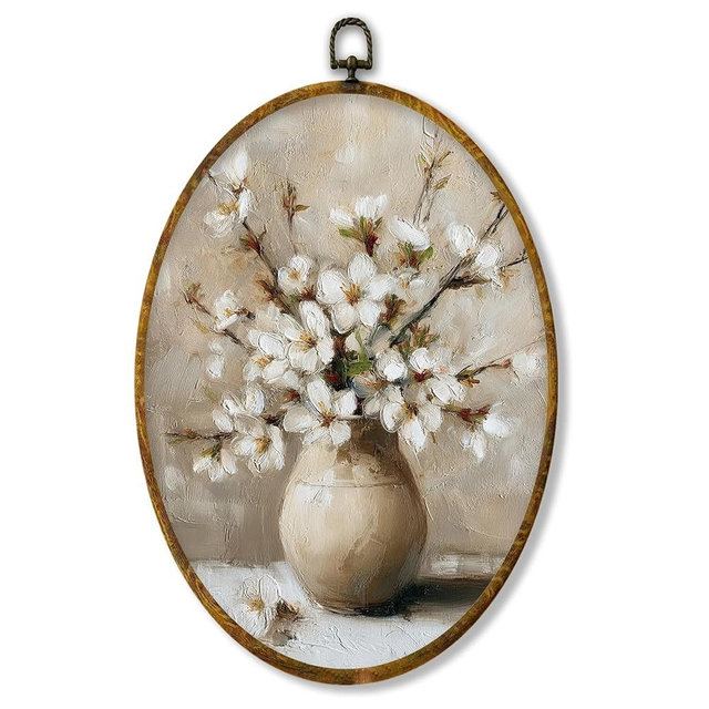 Hiuwevt Vintage Floral Round Wall Art Decor, Rustic Farmhouse Floral Framed Canvas Prints, Cottagecore Botanical Round Wall Hanging Decor for Home Bedroom Living Room Decorations, 8.6x11.4 Inches