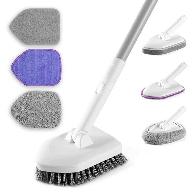 MARSBASE Shower Scrubber, 4 in 1 Shower Tile Brush Tub Scrubber with Long Handle, No Scratch Shower Cleaning Brush for Cleaning Bathroom Kitchen Bathtub Glass Tile Sink Wall