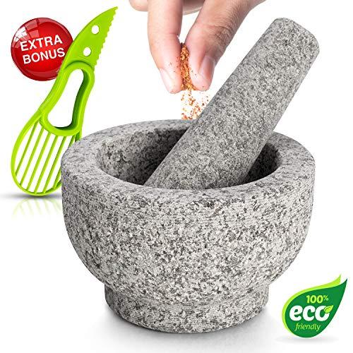 Mortar and Pestle Set Made of 100% Granite - Large Natural Guacamole Bowl for Kitchen - Make and Serve Dishes Right At The Table Beautifully - Includs Avocado Slicer.(Unpolished Granite)