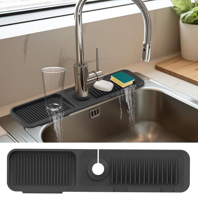 Doeklpo 24 Inch Kitchen Sink Splash Guard，5°Slope Fast Draining Silicone Mat for Kitchen Sink Faucet Mat, Kitchen Sink Tidy Splash Guard for Kitchen Sink Area Bathroom Faucet Draining Mat (Black)