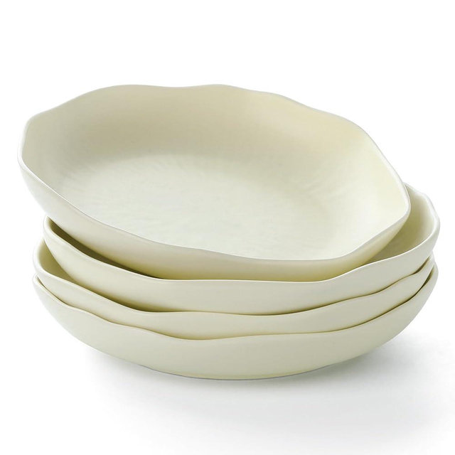 OniAnt Pasta Bowls Set of 4, Ceramic 24.5oz Serving Salad Bowl, Large 8.5 inch Wide Shallow Soup Bowls with Wavy Rim, Easy to Clean, Oven Microwave Dishwasher Safe for Fruit Pasta Salad Dinner -Beige