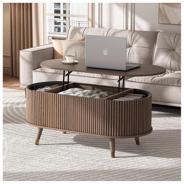 Oval Coffee Table with Lifting Top,42.5” Fluted Center Table with Hidden Compartment & Solid Wood Legs,Modern Accent Coffee Tables for Living Room,Apartment,Walnut