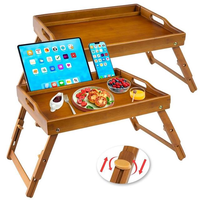 Greenual 2 Pack Bed Tray Table with Handles Folding Legs, Bamboo Breakfast Food Tray with Media Slot, Use As Platter, Laptop Desk, Snack, TV Tray Kitchen Serving Tray(Brown)