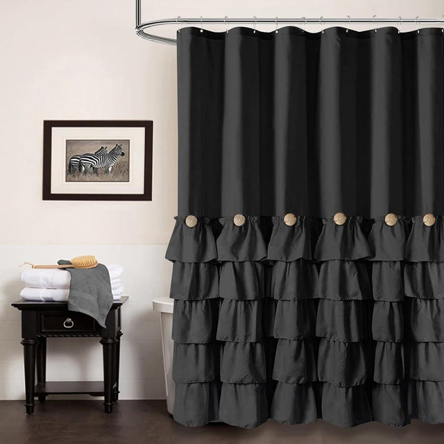 Seasonwood Black Ruffle Shower Curtain Farmhouse Style Black Fabric Shower Curtain Nature Button Shabby Chic Ruffles and French Country Style 72×72 (Black)