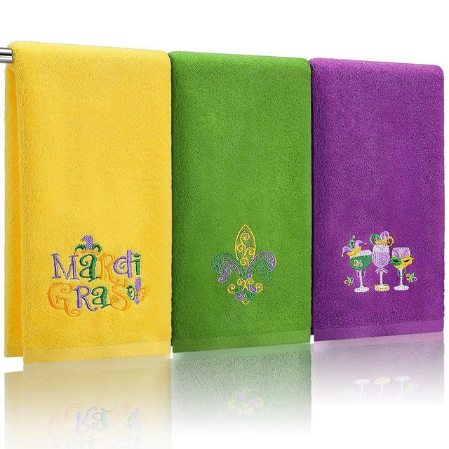 FuWeave 3 Pack Mardi Gras Hand Towels 13.4 x 29.2 Inch Cotton Embroidered Wine Mardi Gras Fleur De LYS Bathroom Towel Absorbent Decorative for Hand Drying Cleaning Gift