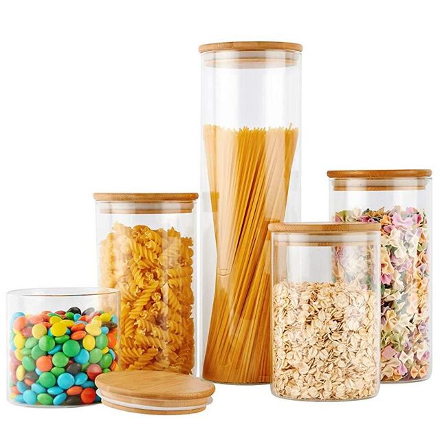 COPDREL Glass Food Storage Jars Containers, Glass Storage Jar with Airtight Bamboo Lids Set of 5 Kitchen Glass Canisters For Coffee, Flour, Sugar, Candy, Cookie, Spice and More