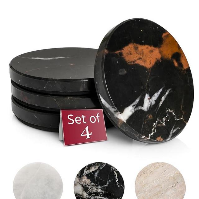 Gusto Nostro Black Marble Coasters Set of 4 - Luxury Natural Stone Coasters for Drinks - Genuine Marble Kitchen Accessories, Round Artisanal Stone Coaster for Kitchen Counter, Coffee Table, Home Decor