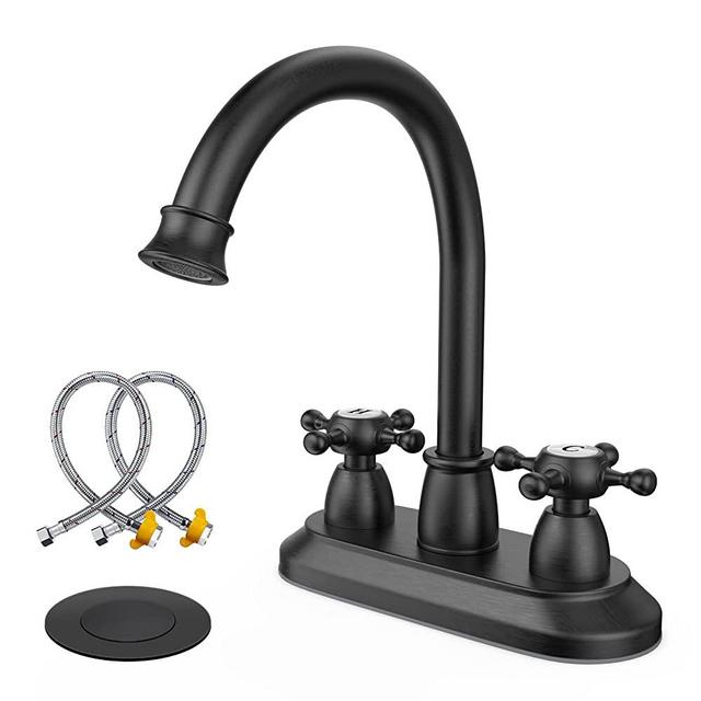 GOWIN 4 Inch Bathroom Faucets Matte Black, 2-Handle Centerset Faucet for Bathrooms with Include Water Hose & Pop Up Drain (Matte Black)