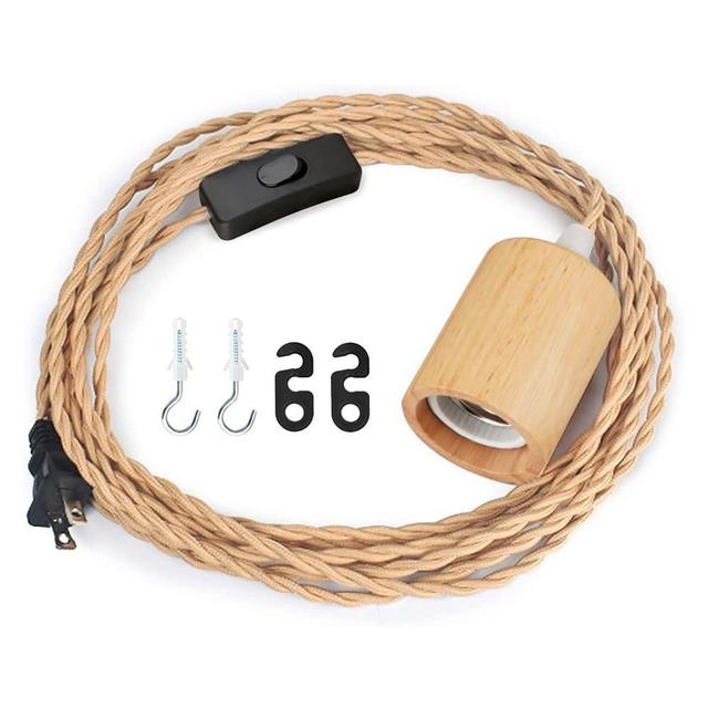 Zevnico 15FT Wood Pendant Light Cord Kit, Swag Hanging Lamp Kit with Plug in & Switch, Hanging Lights DIY Farmhouse Industrial E26 Socket Pendant Light Fixtures Vintage 15' Twisted Cloth Covered Wire