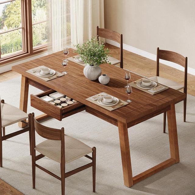 Tribesigns 55-Inch Dining Table with Storage Drawer for Dining Room, Rectangular Mid-Century Modern Dinner Kitchen Table with Solid Wood Legs for 4-6 People, Walnut Brown