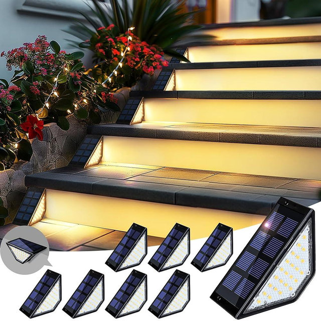 PATIOWIN 8 Pack Solar Step Lights for Outside, 24 LEDs Solar Stair Lights Waterproof IP65, Solar Deck Lights Outdoor Decor for Garden, Porch, Pathway, Patio, Fence(Warm White)