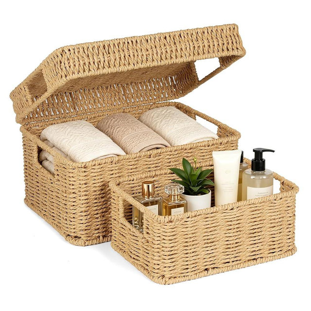 GANLUX Wicker Storage Basket with Lid - Woven Basket for Storage,Rectangular Decorative Boxes Bins with Lids for Shelves,living room, Nursery, 2 baskets+1 lid(Natural)