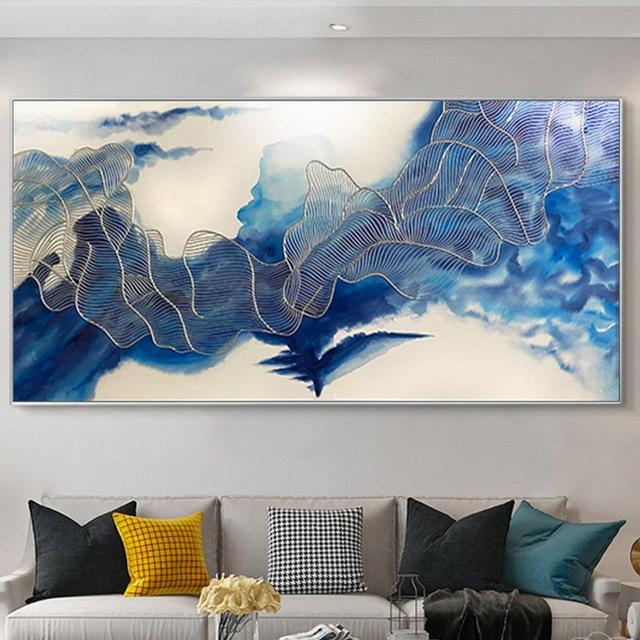 Silver line abstract painting on canvas wall art framed for living room home Original wall decor blue modern Acrylic artwork Clouds winding