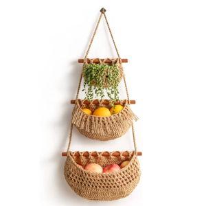 Hanging Fruit Basket ,3 Tier Over the Door Organizer, Handmade Woven Jute Wall Hanging Baskets for Organizing, BOHO Wall Basket Decor, Storage baskets for kitchen , Living & Bathroom Bedroom