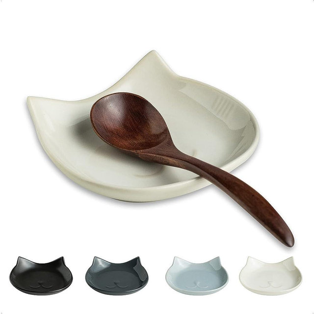 5.12 Inches Ceramic Spoon Rest for Stove Top, Cat Spoon Rest Cute Spoon Holder for Kitchen Counter, 1 Pack Farmhouse Utensil Rest for Spatula, Spoons or Ladles, White